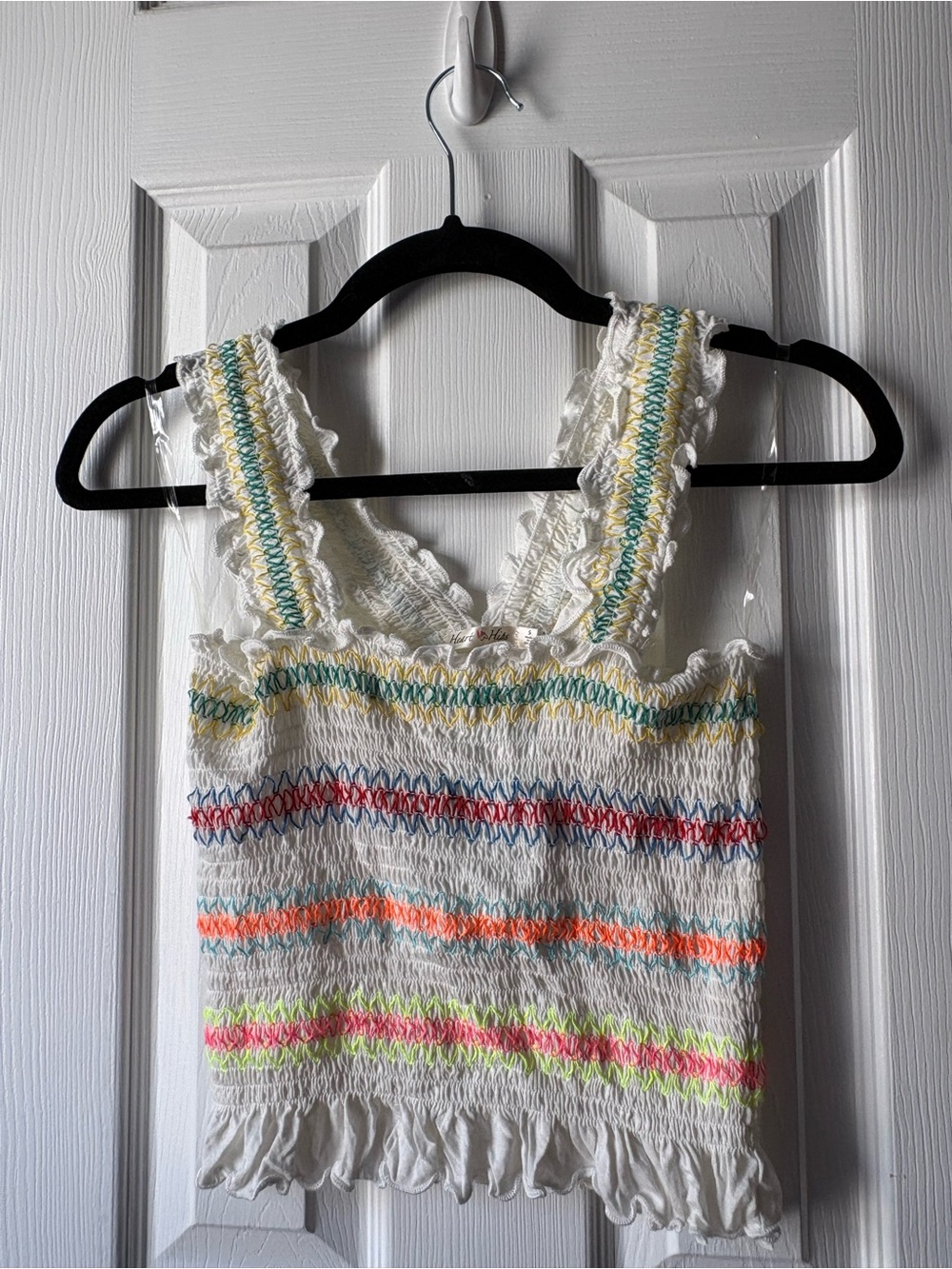 Heart Hips White Smocked Camisole with Neon Stripe Accents